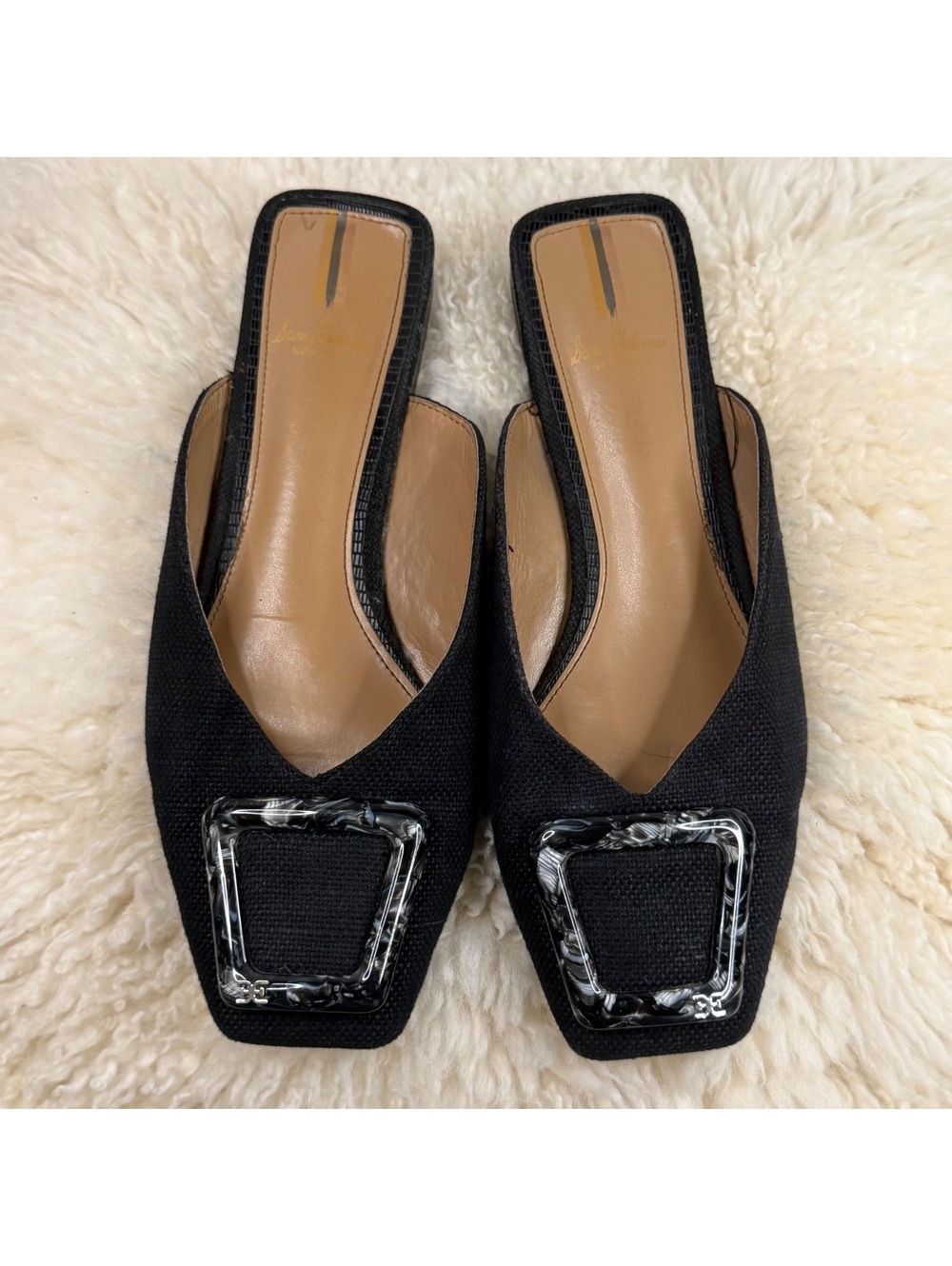 Sam Edelman Flats Mules Shoes Lavina Buckle Linen Black Women Size 7 Old Money